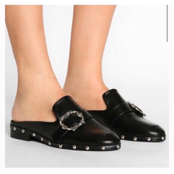 The Kooples black leather silver studded mule flat slides 7 / 38 buckle - Picture 2 of 5